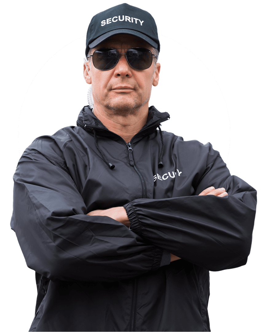 Security guard wearing sunglasses and cap